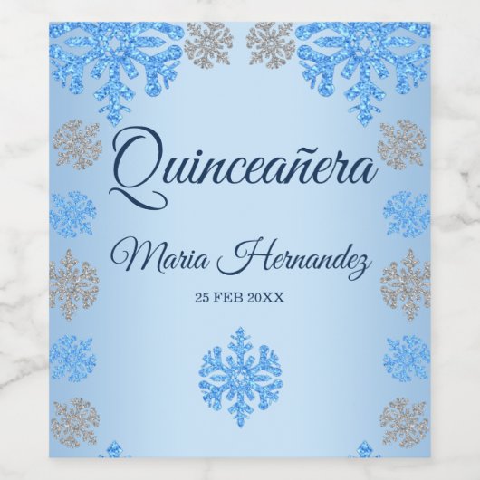 Quinceañera Ice Blue Silver Winter Snowflake Weinetikett (Einzelnes Label)