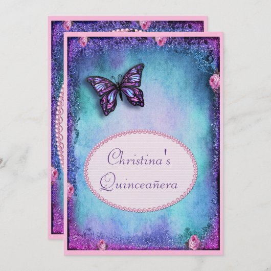 Quinceañera Imitate Glitzer, Schmetterling, Rose & Einladung (Vorne/Hinten)