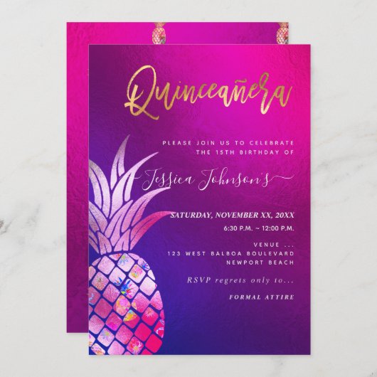 Quinceanera, Imitate Gold Ananas Save The Date (Vorne/Hinten)