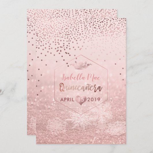 Quinceanera/Imitats Rose Gold Confetti+Snow Bokeh Einladung (Vorne/Hinten)