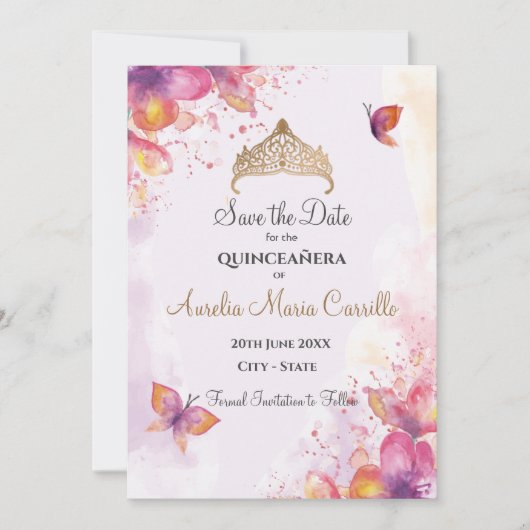 Quinceañera in Aquarell mit Schmetterlingen Save The Date (Vorderseite)