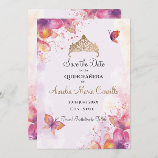 Quinceañera in Aquarell mit Schmetterlingen Save The Date (Vorne/Hinten)