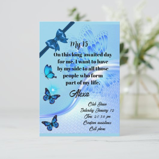 Quinceanera invitation digital butterfly blue einladung (Stehend Vorderseite)