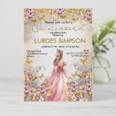  Quinceañera invitation Floral Gold Einladung (Stehend Vorderseite)