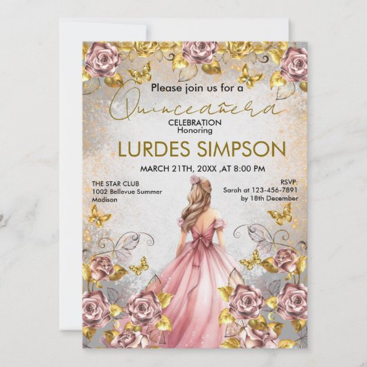  Quinceañera invitation Floral Gold Einladung (Vorderseite)