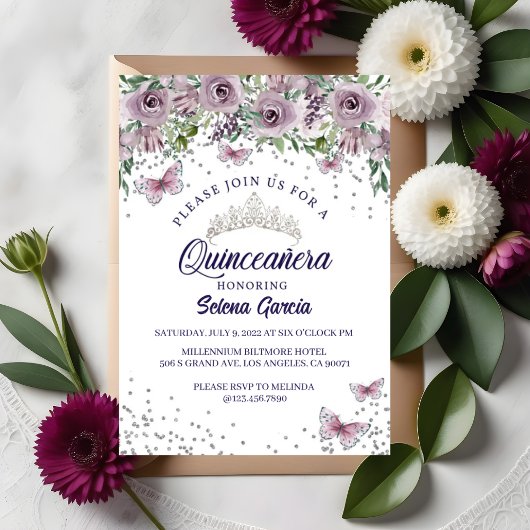 Quinceañera Invitation – Purple Floral & Butterfly Einladung