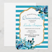  Quinceañera invitation Stripe Floral Blue Einladung (Vorne/Hinten)