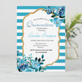  Quinceañera invitation Stripe Floral Blue Einladung (Stehend Vorderseite)