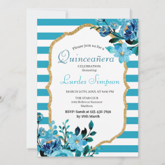  Quinceañera invitation Stripe Floral Blue Einladung