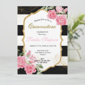  Quinceañera invitation Stripe Floral Einladung (Stehend Vorderseite)