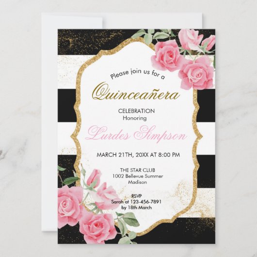  Quinceañera invitation Stripe Floral Einladung (Vorderseite)