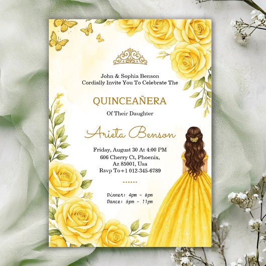 Quinceañera invitation with elegant yellow roses  einladung