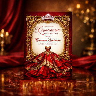 Quinceañera Invitations Red & Gold Royal Ball Gown Einladung