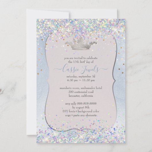 Quinceanera Iridescent Confetti+Princess Crown Einladung (Rückseite)