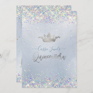 Quinceanera Iridescent Confetti+Princess Crown Einladung