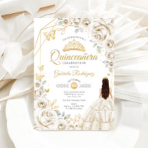 Quinceanera Ivory Gold Creme Gold Blumenkleid