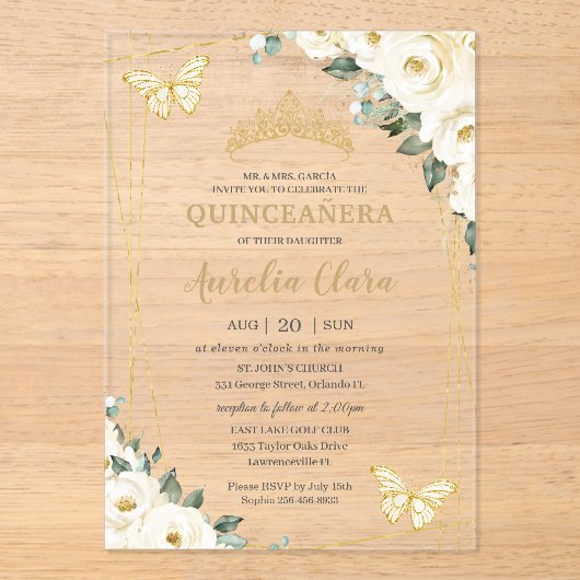 Quinceañera Ivory White Floral Butterflies Crown Acryleinladungen (Vorderseite)