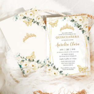 Quinceañera Ivory White Floral Butterflies Krone Einladung