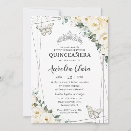 Quinceañera Ivory White Floral Butterflies Krone I Einladung (Vorderseite)