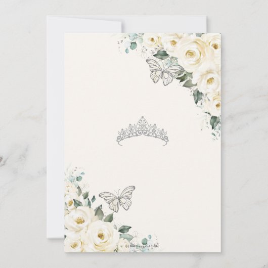 Quinceañera Ivory White Floral Butterflies Krone I Einladung (Rückseite)