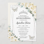 Quinceañera Ivory White Floral Butterflies Krone I Einladung (Vorne/Hinten)