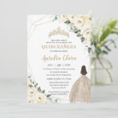 Quinceañera Ivory White Floral Champagne Dress Einladung (Stehend Vorderseite)