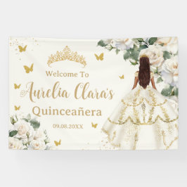 Quinceañera Ivory White Floral Dress Princess Gold Banner