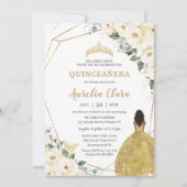 Quinceañera Ivory White Floral Gold Brown Princess Einladung (Vorderseite)