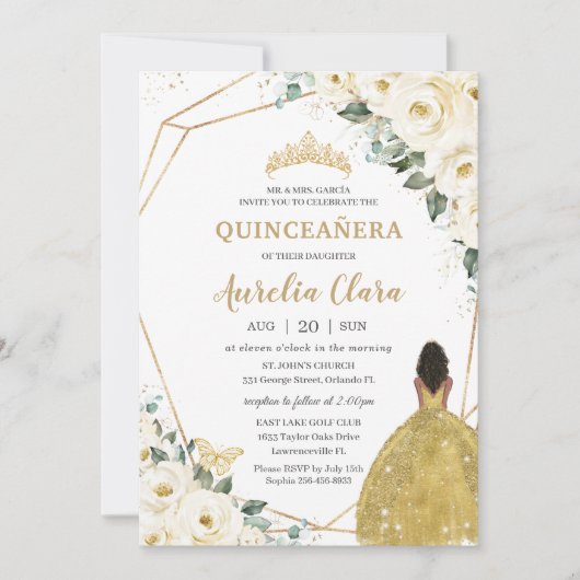 Quinceañera Ivory White Floral Gold Brown Princess Einladung (Vorderseite)