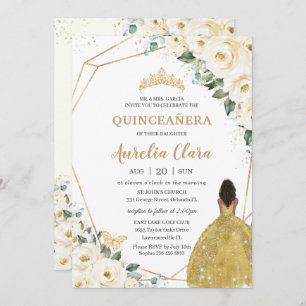 Quinceañera Ivory White Floral Gold Brown Princess Einladung