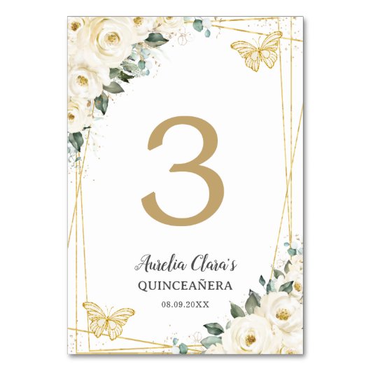 Quinceañera Ivory White Floral Gold Schmetterlinge Tischnummer (Rückseite)