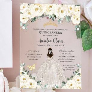 Quinceañera Ivory White Floral Gold Tiara Kleid Acryleinladungen