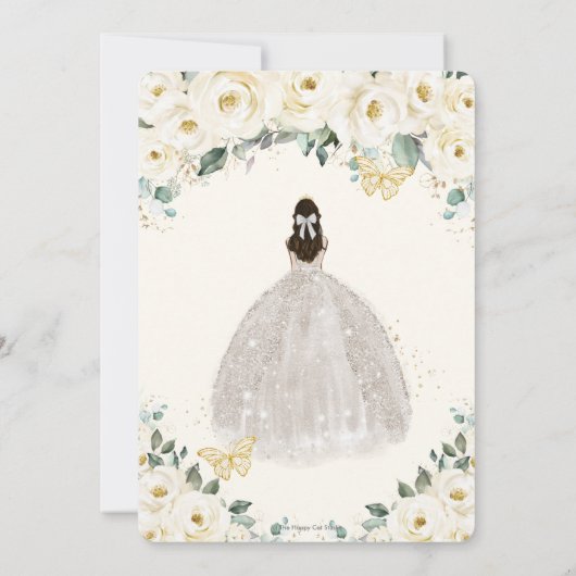 Quinceañera Ivory White Floral Gold Tiara Kleid Einladung (Rückseite)
