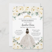 Quinceañera Ivory White Floral Gold Tiara Kleid Einladung (Vorderseite)
