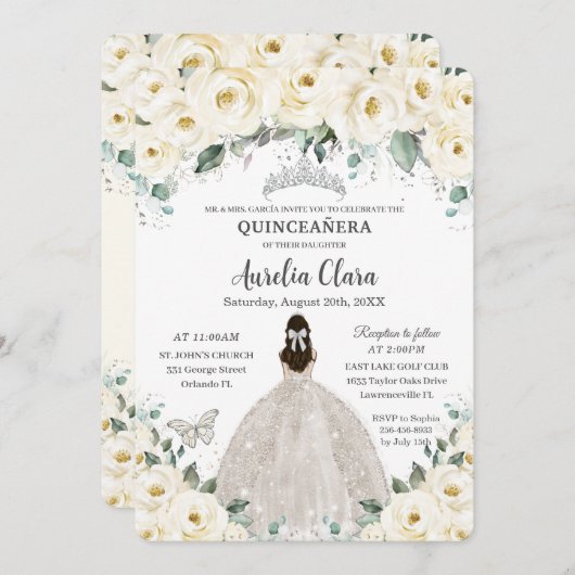 Quinceañera Ivory White Floral Silver Tiara Kleid Einladung (Vorne/Hinten)