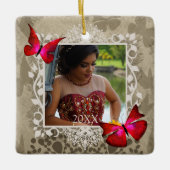 Quinceanera Keepake Geschenk, Rote Schmetterlinge  Keramikornament (Vorderseite)