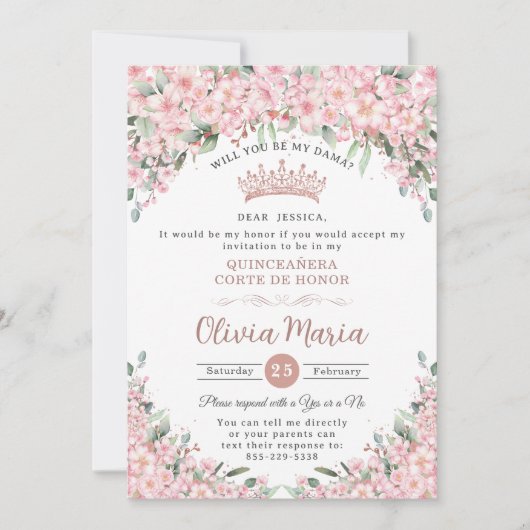 Quinceañera Kirschblüten Rose Gold Dama Anforderun Einladung (Vorderseite)