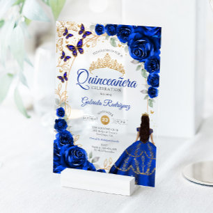 Quinceanera Königlich Blau Gold Blumen Acryleinladungen
