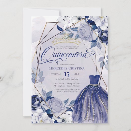 Quinceañera königliche Marine Blau elegante extrav Einladung (Vorderseite)