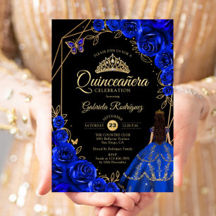 Quinceanera königsblau-goldener Schmetterlingsklei Einladung