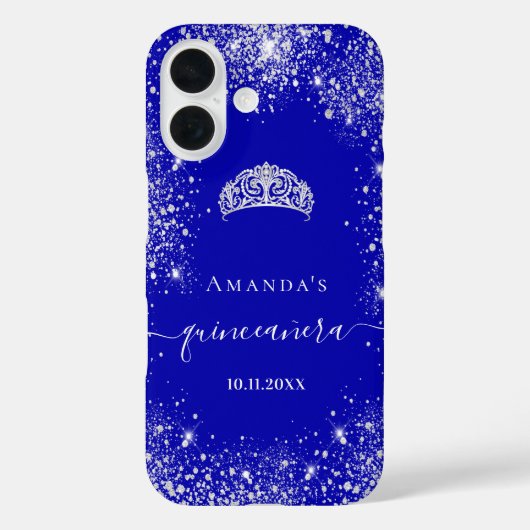 Quinceanera Königsblauer Glitzer Tiara Name Case-Mate iPhone Hülle (Rückseite)