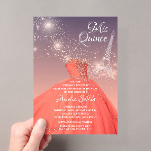 Quinceañera Korallen Kleid Eiffelturm Acryleinladungen