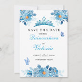 Quinceañera Krone Baby Blue Floral Butterfliegen Save The Date (Vorderseite)