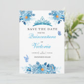 Quinceañera Krone Baby Blue Floral Butterfliegen Save The Date (Stehend Vorderseite)