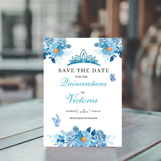 Quinceañera Krone Baby Blue Floral Butterfliegen Save The Date