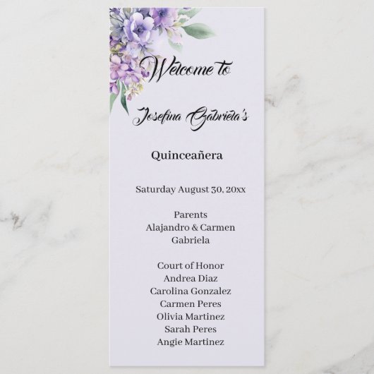 Quinceanera Lavender double side program card  Programm (Vorderseite)