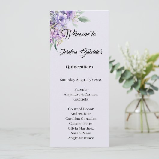 Quinceanera Lavender double side program card  Programm (Stehend Vorderseite)
