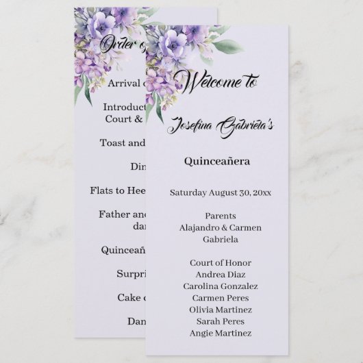 Quinceanera Lavender double side program card Programm (Vorne/Hinten)