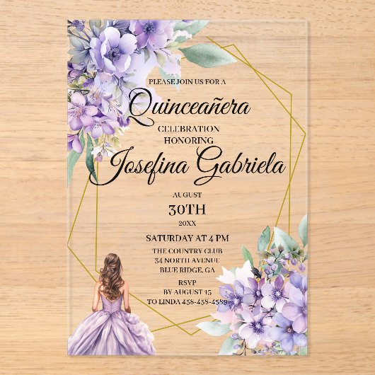Quinceanera Lavender floral  Acryleinladungen (Vorderseite)