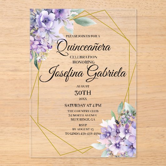 Quinceanera Lavender floral  Acryleinladungen (Vorderseite)
